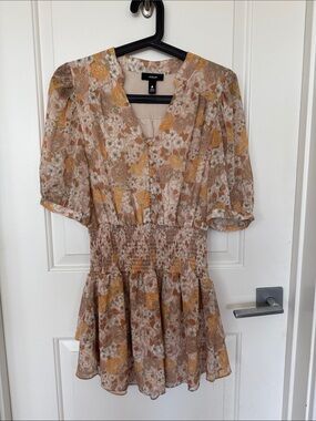 Aqua Beige and Mustard Floral Smocked Mini Dress
